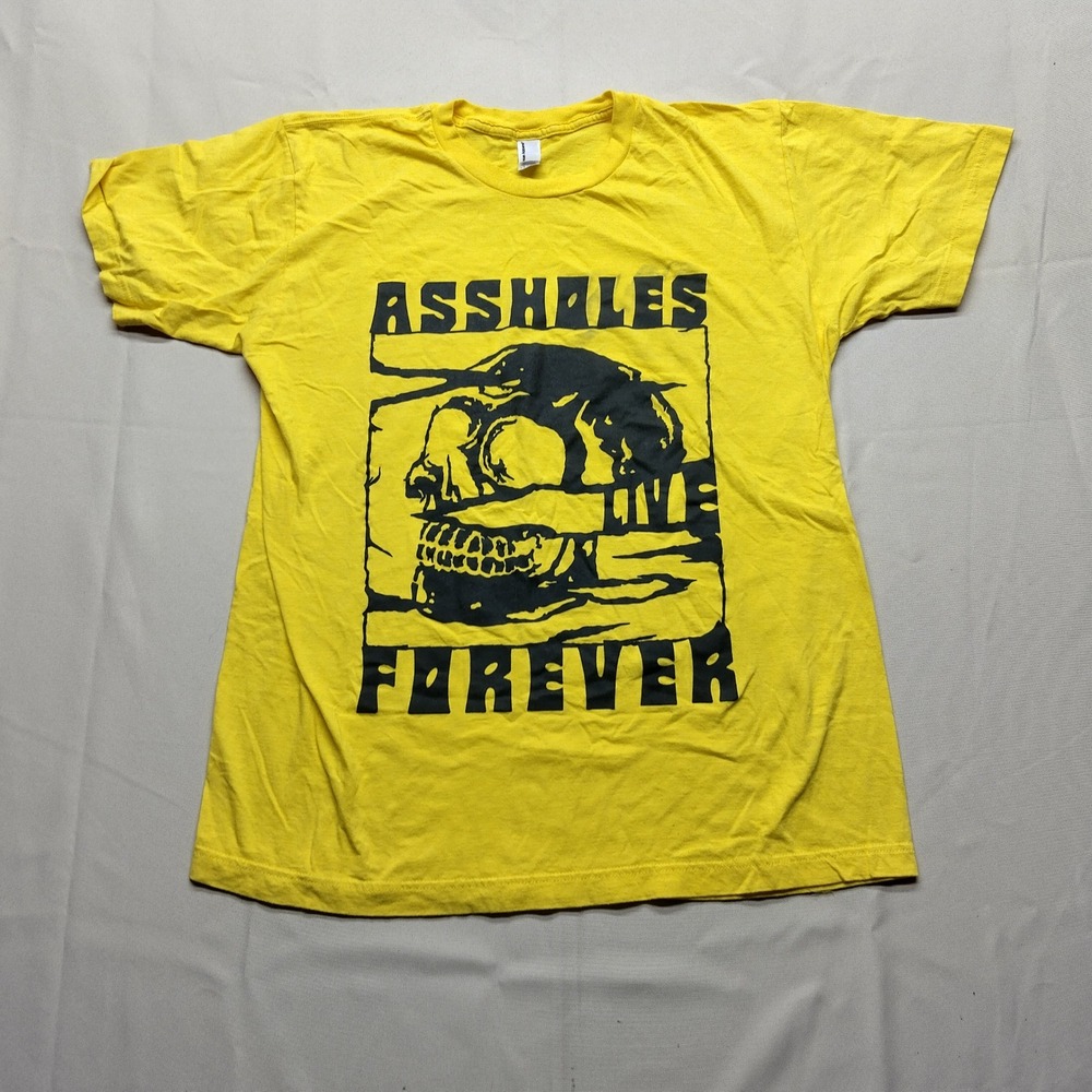American Apparel Assholes Live Forever Skull Graphic T-Shirt Yellow Mens Large